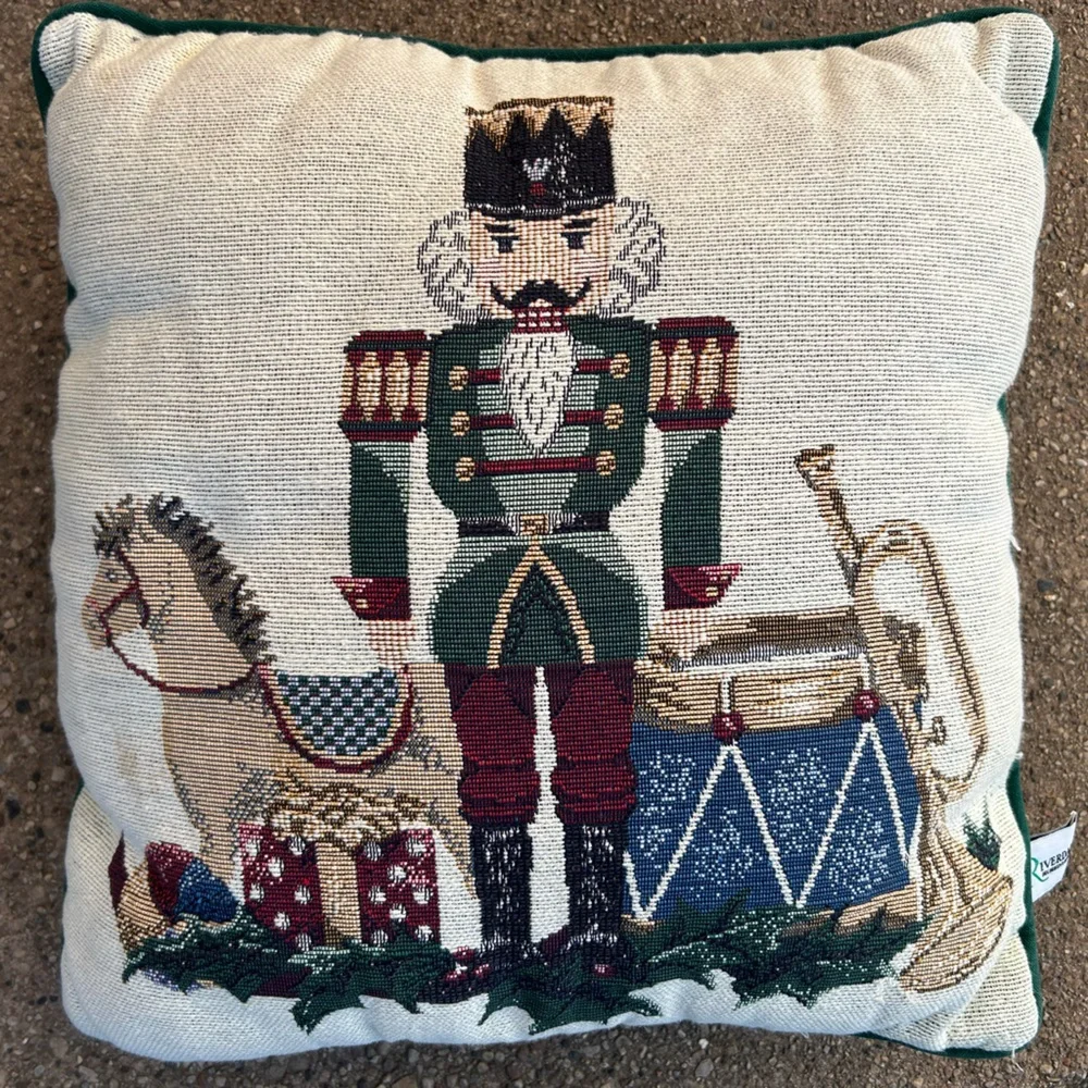 Vintage Riverdale tapestry pillow Christmas nutcracker horse green red cream USA